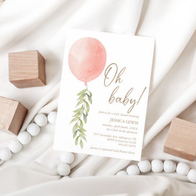 Oh Baby Rosa Girl Girl Girl Balloon Eucalyptus Fol Inbjudningar (Skapare uppladdad)