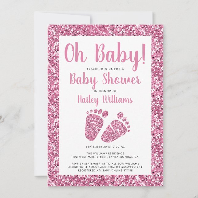 Oh Baby Rosa Glitter Baby Feet Baby Shower Inbjudningar (Framsida)