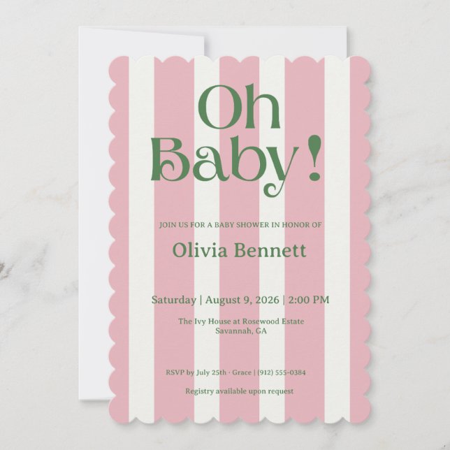 Oh Baby Rosa Grön Rand Baby Shower Inbjudan (Framsida)