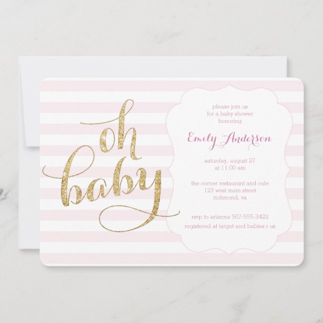 Oh Baby Rosa Guld Glitter Baby Shower Inbjudan (Framsida)
