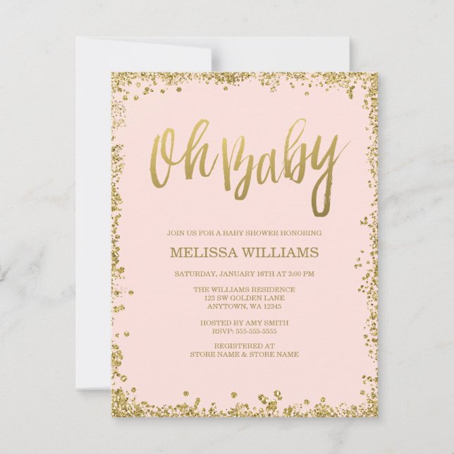 Oh Baby  Rosa Guld Glitter Baby Shower Inbjudningar (Framsida)