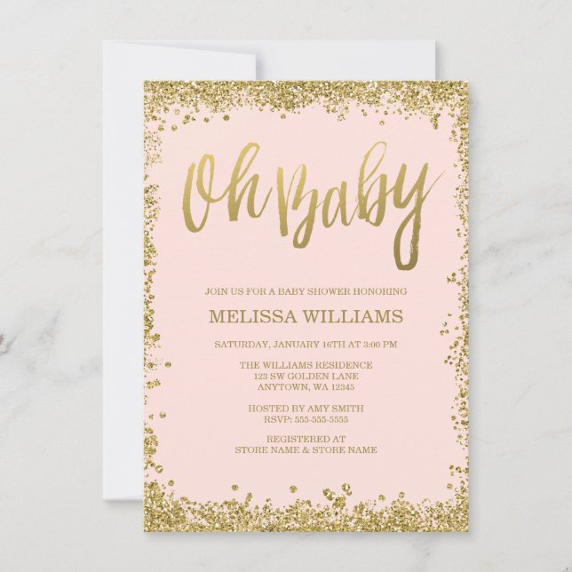 Oh Baby  Rosa Guld Glitter Baby Shower Inbjudningar (Framsida)