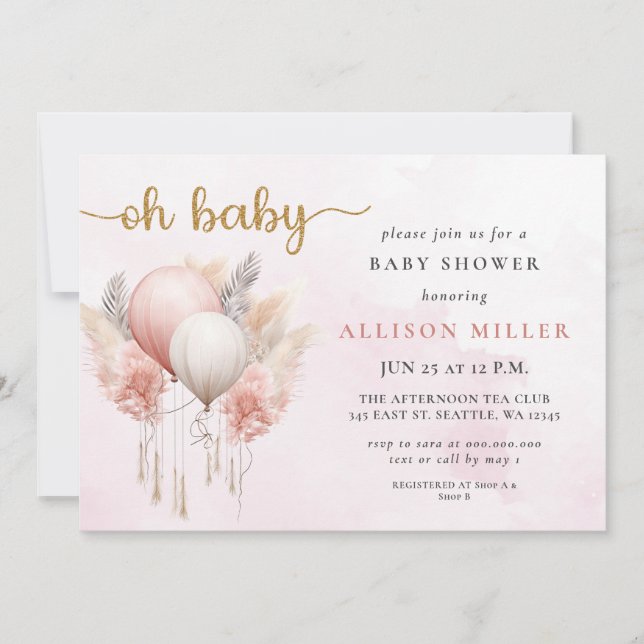 Oh Baby Rosa Guld Pampas Boho Girl Baby Shower Inbjudningar (Framsida)