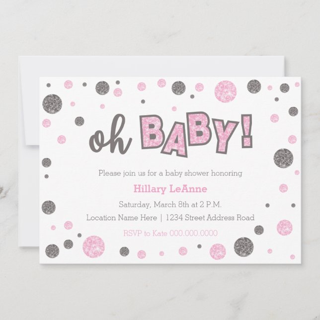 oh Baby Rosa och grått glitter duschinbjudan Inbjudningar (Framsida)