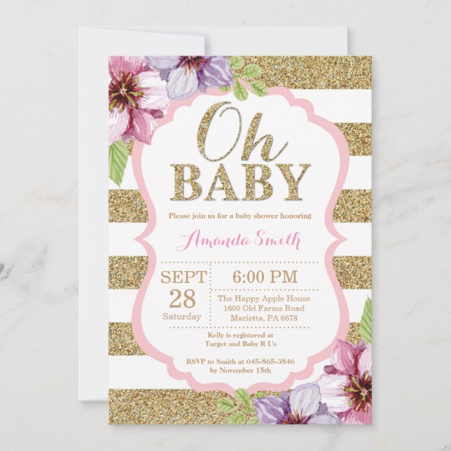 Oh Baby Rosa och Guld Baby Shower Inbjudan (Framsida)
