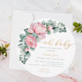 Oh Baby Rosa och Guld Blommigt Greenery Girl Baby Inbjudningar
