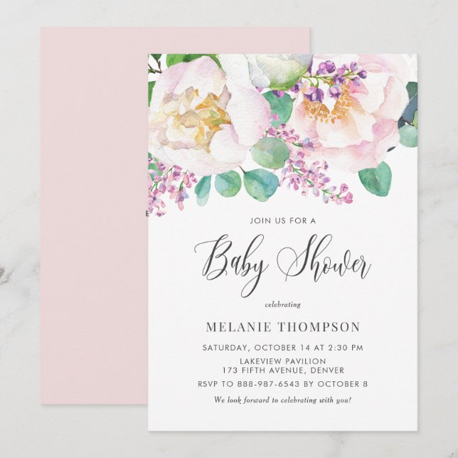 Oh Baby Rosa Peonies and Eucalyptus Baby Shower Inbjudningar (Fram/baksida)