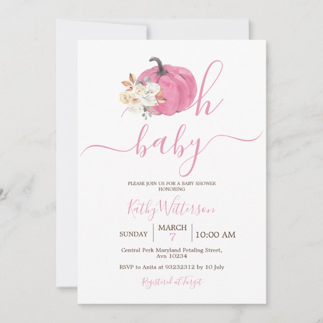 Oh Baby  Rosa Pumpkin Blommigt Baby Shower Inbjudningar (Framsida)