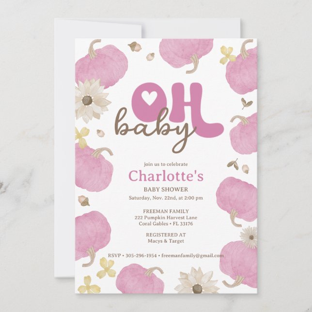 Oh Baby Rosa Pumpkin Fall Baby Shower-inbjudan Inbjudningar (Framsida)