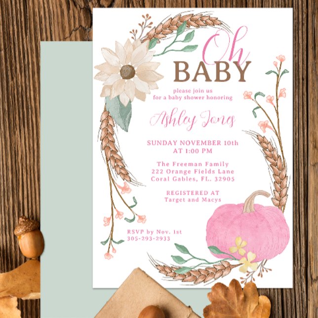 Oh Baby Rosa Pumpkin Shower Inbjudan (Fall Pink Pumpkin Baby Shower Party Invitation)