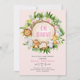 Oh Baby Rosa Safari Jungle Vild Animal Baby Shower Inbjudningar