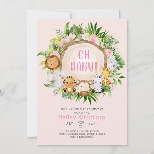 Oh Baby Rosa Safari Jungle Vild Animal Baby Shower Inbjudningar (Framsida)