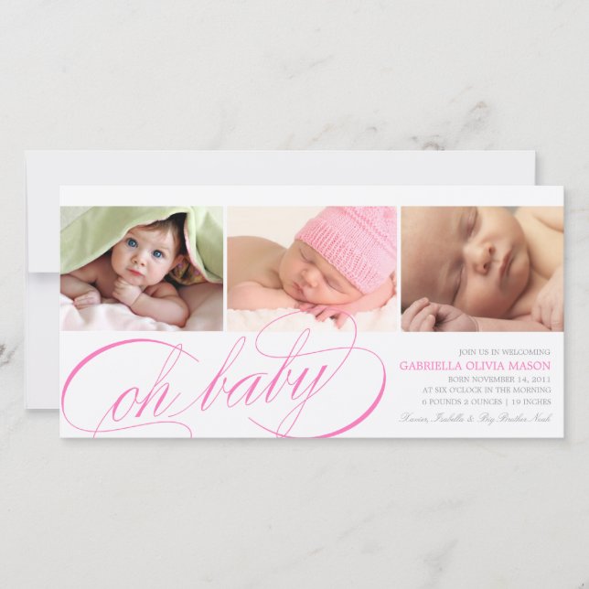 Oh Baby | Rosa Script Birth Notice Meddelande (Framsida)