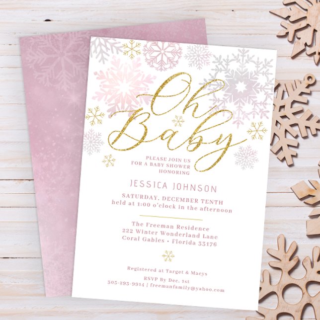 Oh Baby  Rosa Snowflake Shower Inbjudan (Oh Baby Winter Wonderland Baby Shower - Pink & Glitter Gold)