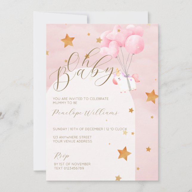 Oh Baby Rosa Unicorn Baby Shower-inbjudan Inbjudningar (Framsida)