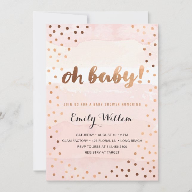 OH BABY! Rosa Watercolor & Gold Foil Baby Shower Inbjudningar (Framsida)