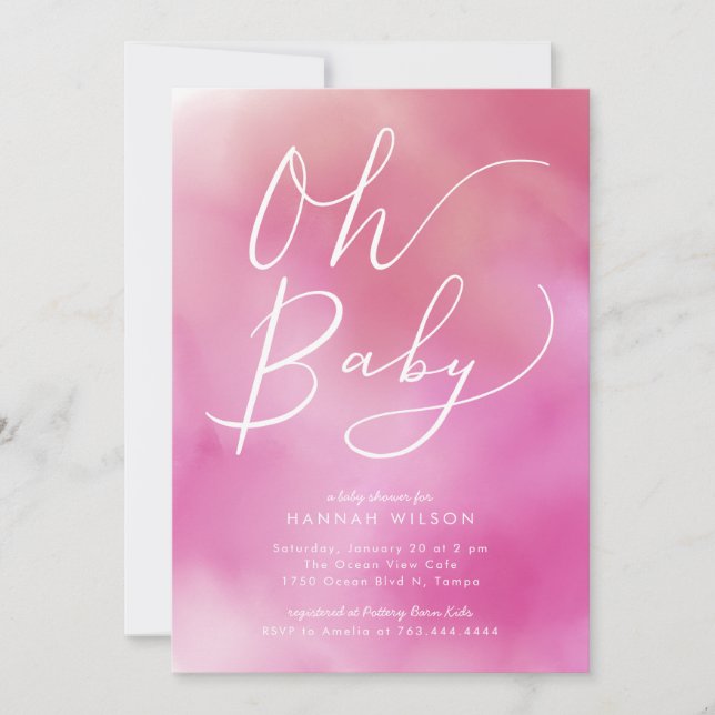Oh Baby Rosa Watercolor Ombre Baby Shower Inbjudningar (Framsida)