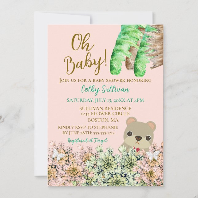 Oh Baby Rustic Greenery Nalle Baby Shower Inbjudningar (Framsida)