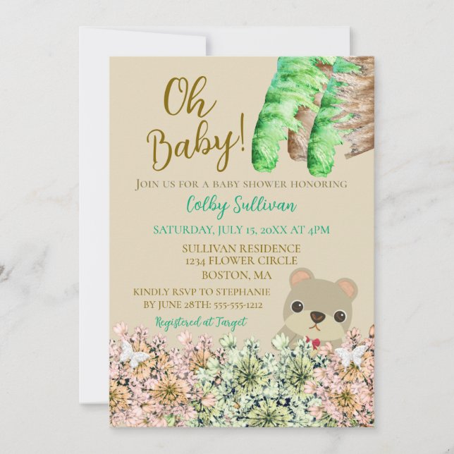 Oh Baby Rustic Greenery Nalle Baby Shower Inbjudningar (Framsida)