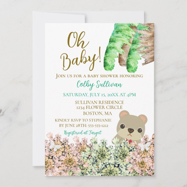 Oh Baby Rustic Greenery Nalle Baby Shower Inbjudningar (Framsida)