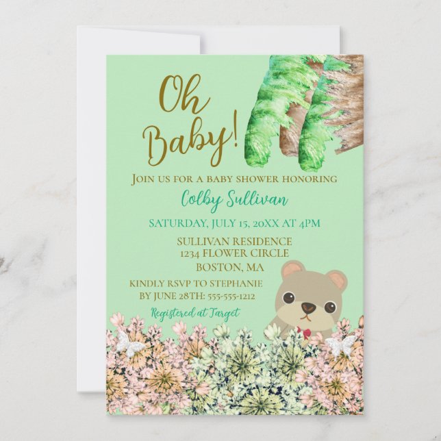 Oh Baby Rustic Greenery Nalle Baby Shower Inbjudningar (Framsida)