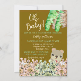 Oh Baby Rustic Greenery Nalle Brown Baby Inbjudningar