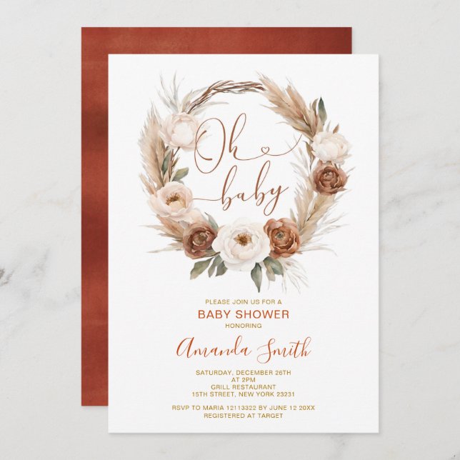 Oh Baby Rustic Terracota Orange Blommigt Baby Show Inbjudningar (Fram/baksida)