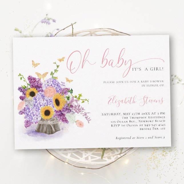 Oh Baby Rustik Hydrangea Fjärilar Baby Shower Inbjudningar (girl baby shower invitation rustic sunflower hydrangea lilac butterflies gold elegant sweet)