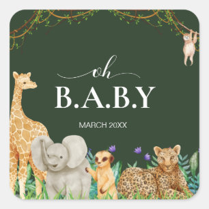 Oh baby Safar Animal Jungle Greenery Baby Shower Fyrkantigt Klistermärke