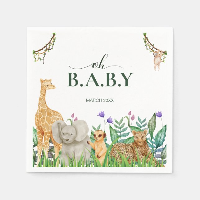 Oh baby Safari Animal Jungle Grönt Baby Shower Pappersservett (Framsidan)