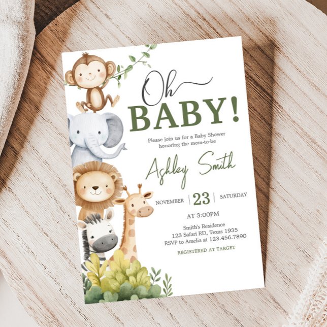 Oh Baby Safari Animals Baby Shower Inbjudningar (Oh Baby Jungle Safari Animals Baby Shower Invitation
)