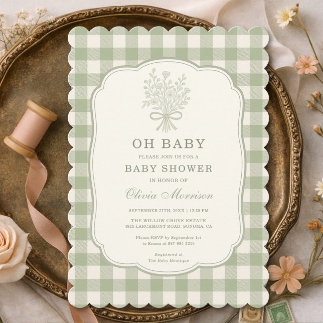 Oh Baby Sage Green Gingham Baby Shower Inbjudningar (Skapare uppladdad)