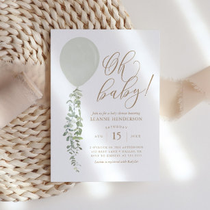 Oh Baby Sage Grönt Balloon Eucalyptus Baby Shower Inbjudningar