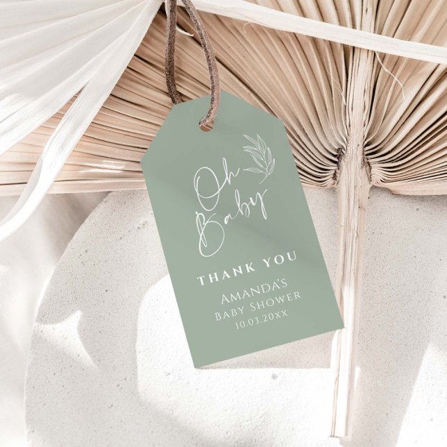 Oh Baby Sage Grönt Modern Baby Shower Tack Presentetikett (Skapare uppladdad)