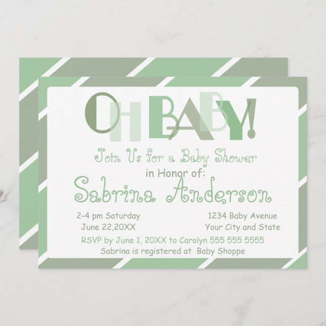 Oh Baby Sage Grönt Modern Whimsical Baby Shower Inbjudningar (Fram/baksida)