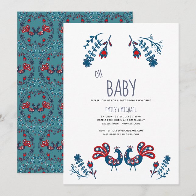 Oh Baby Scandinavian Birds Folk Art Par Shower Inbjudningar (Fram/baksida)