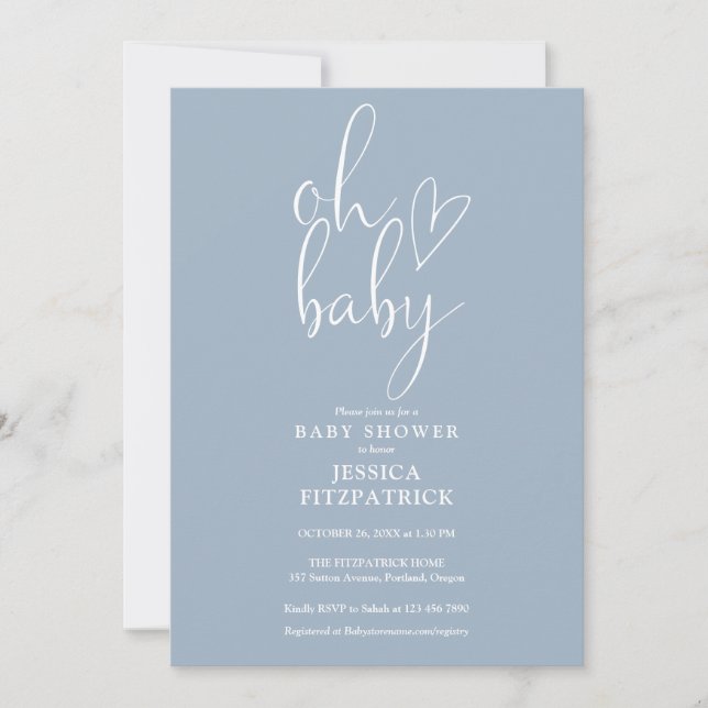 Oh Baby Script Dusty Blue Boy Shower Inbjudningar (Framsida)
