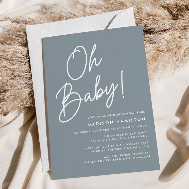 Oh Baby Script Dusty Blue Minimalist Baby Shower Inbjudningar (Skapare uppladdad)