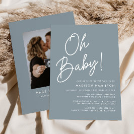 Oh Baby Script Dusty Blue Photo Baby Shower Inbjudningar