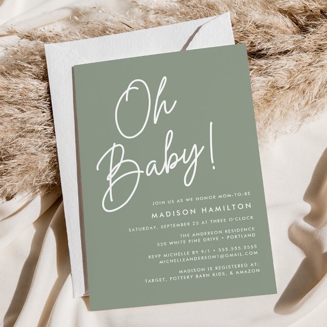 Oh Baby Script Sage Grönt minimalist Baby Shower Inbjudningar (Skapare uppladdad)