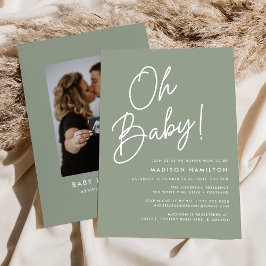 Oh Baby Script Sagegrön Foto Barnkalas Inbjudningar