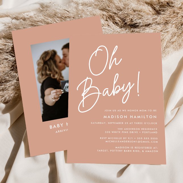 Oh Baby Script Terrakotta Foto Barnkalas Inbjudningar (Skapare uppladdad)