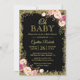 Oh Baby Shower - Black Guld Glitter Rosa Blommigt Inbjudningar