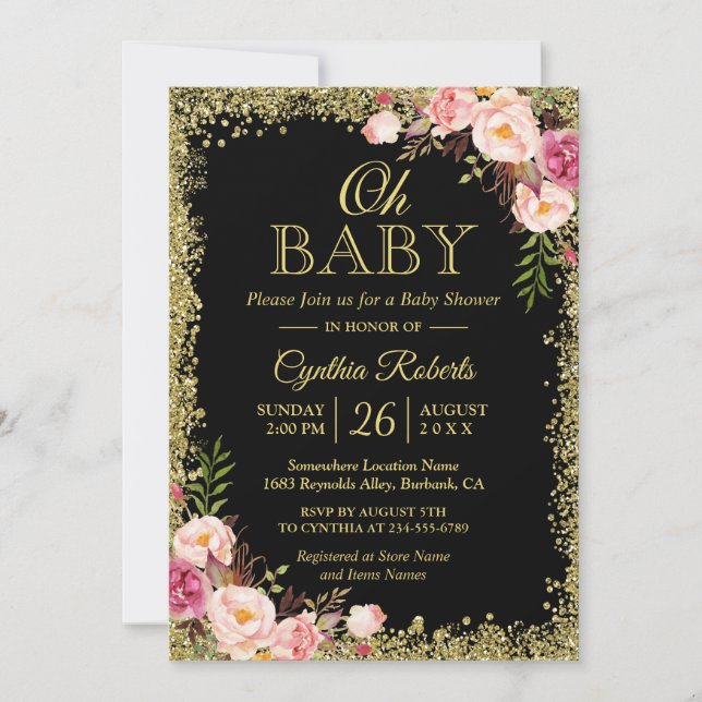 Oh Baby Shower - Black Guld Glitter Rosa Blommigt Inbjudningar (Framsida)
