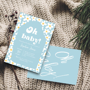 Oh Baby Shower Blått Retro-Daisy 70s-inbjudan Tilläggskort