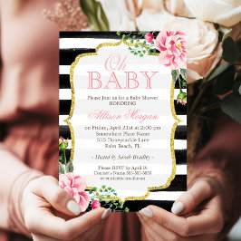 Oh Baby Shower Blommigt Guld Black White Rand Inbjudningar