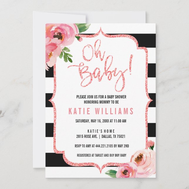 Oh Baby Shower Blommigt Rosa Stripe-inbjudan Inbjudningar (Framsida)