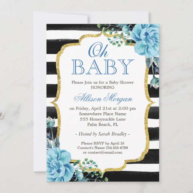 Oh Baby Shower Blue Blommigt Guld Black Rand Inbjudningar (Framsida)