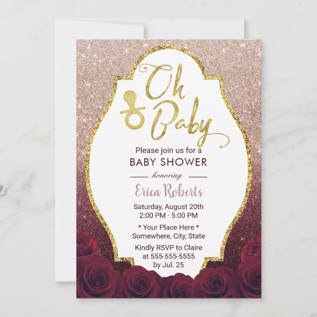 Oh Baby Shower Burgundy & Ro Guld Ombre Glitter Inbjudningar (Framsida)