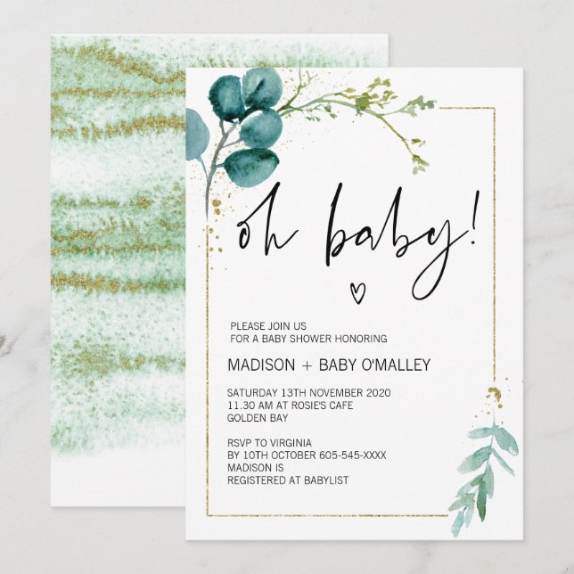 Oh Baby Shower Gender Neutral Baby Bash Greenery Inbjudningar (Fram/baksida)